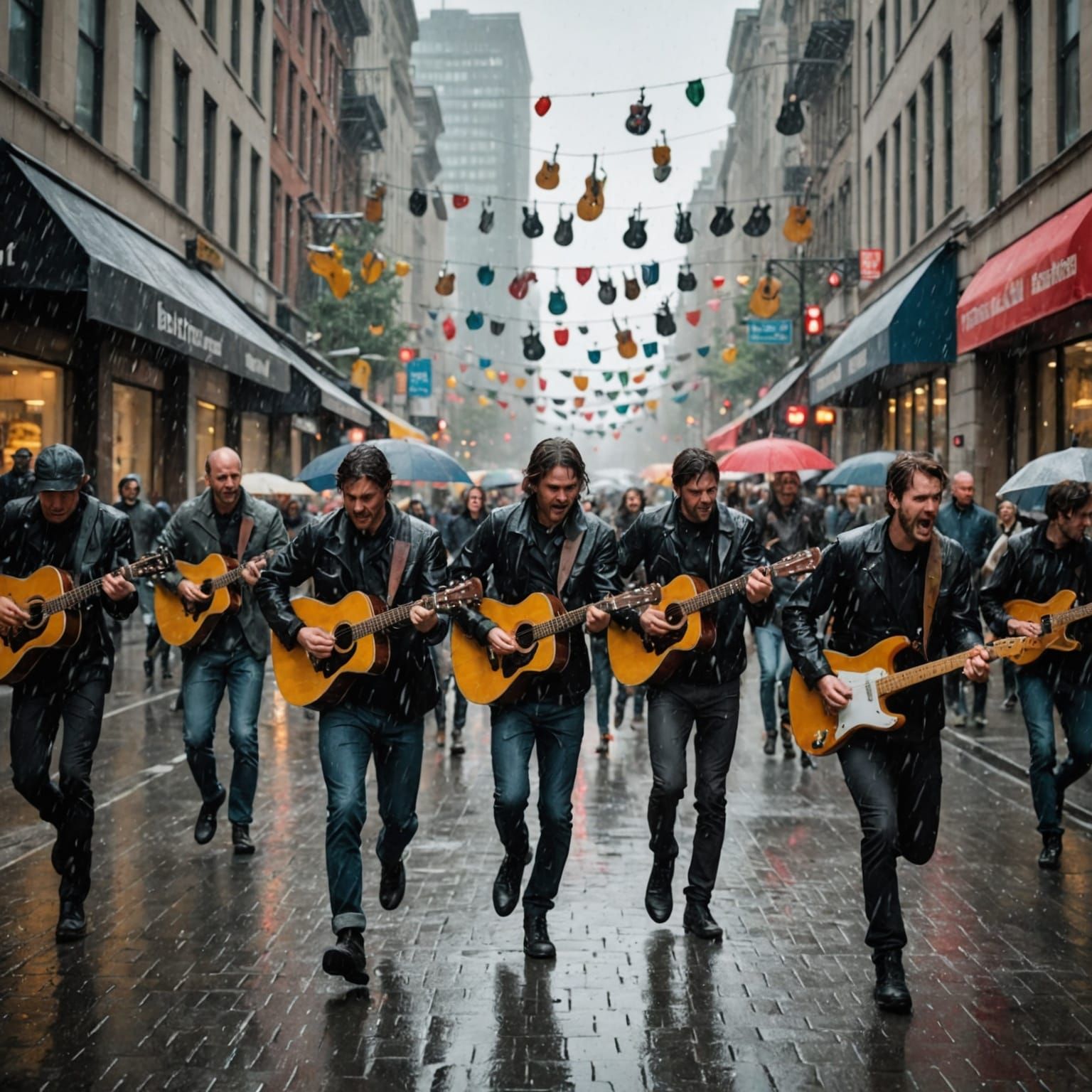 Guitars Fall from the Sky in a Busy City