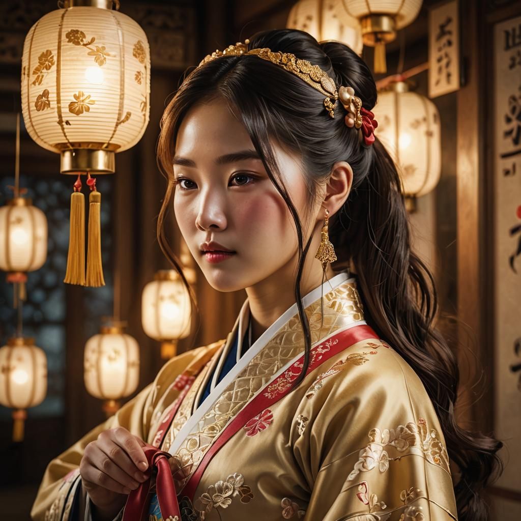 Korean Girl with Hanbok Ribbon in Digital Portrait