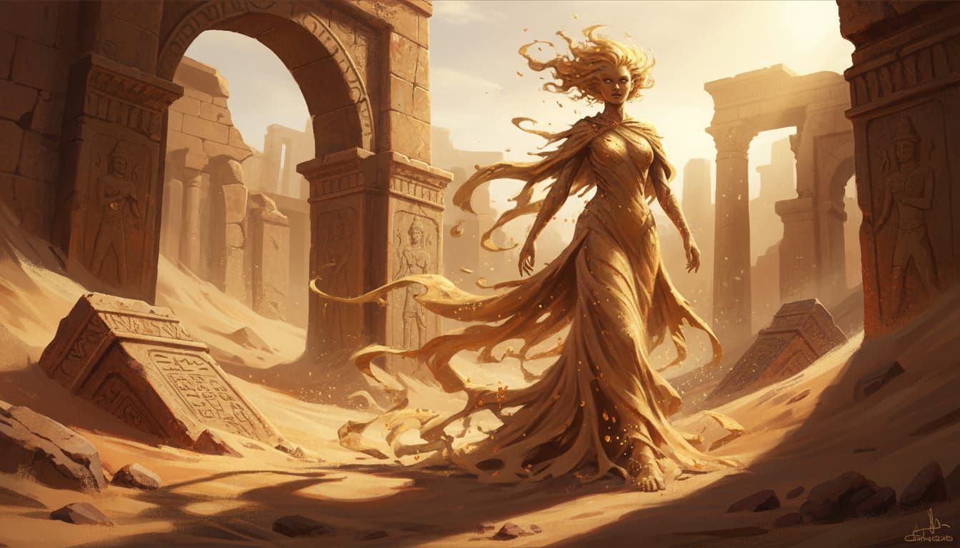 Sand Elemental Woman in Ancient Ruins