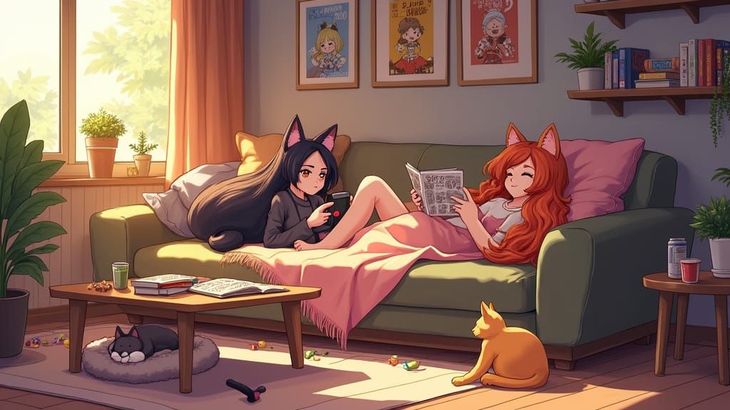 Cozy Catgirl Scene in Anime Style