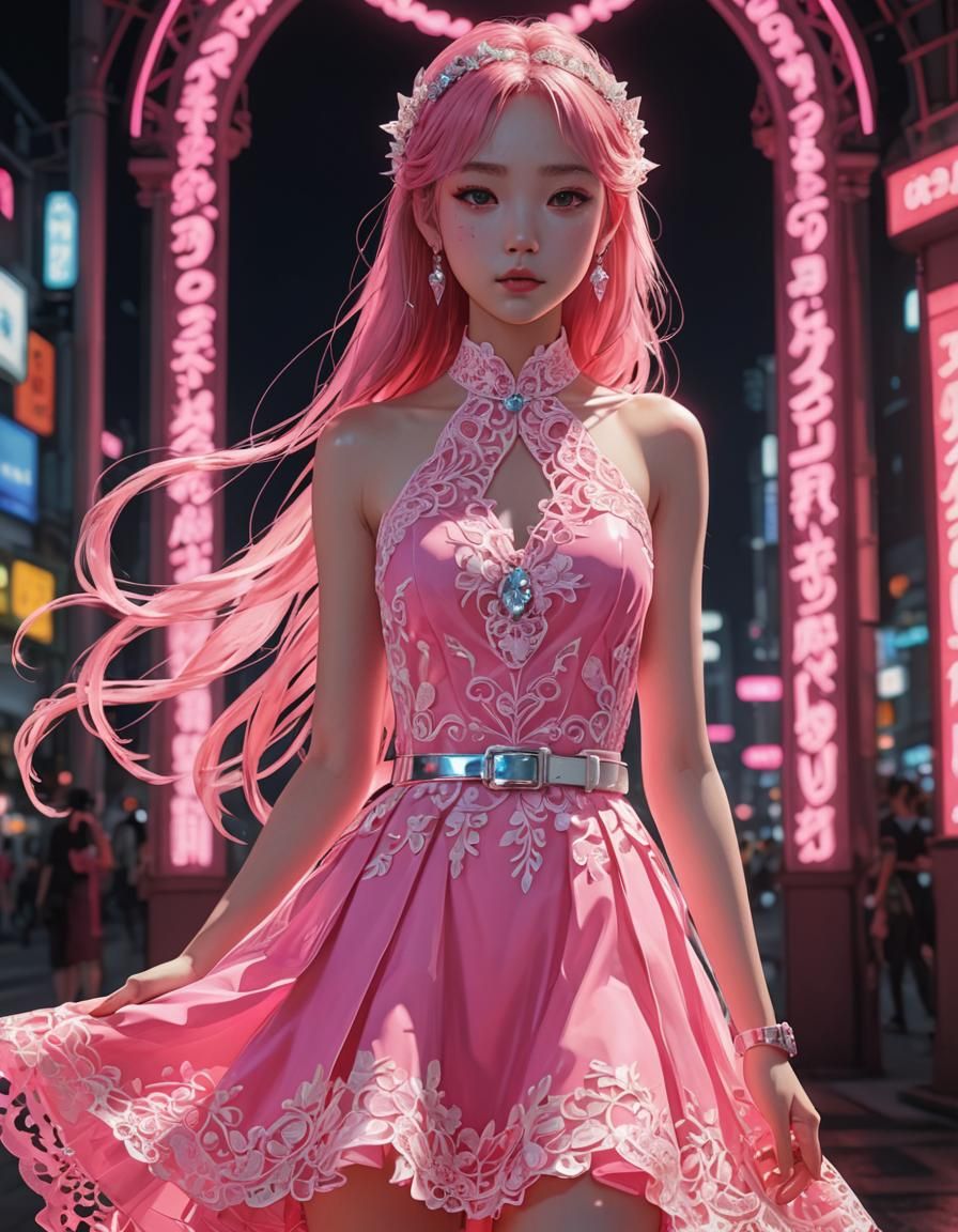 Neon Pink Lace Dress in 3D Anime Style
