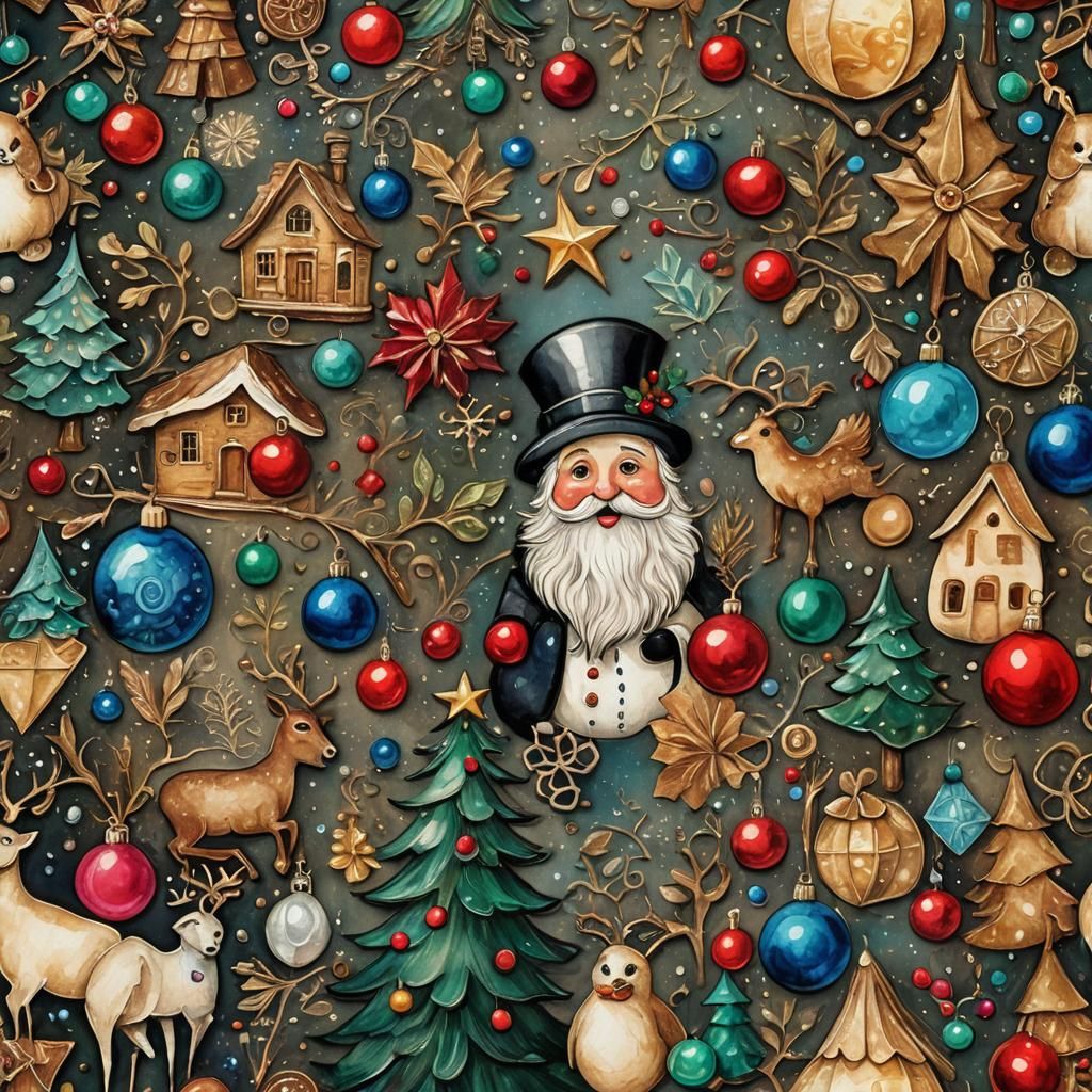 Whimsical Christmas Folk Art Illustration with Vintage Flair