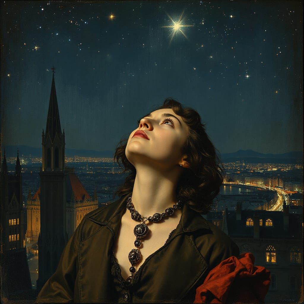 Edwardian Stargazer Over Glimmering City, in Post-Impression...