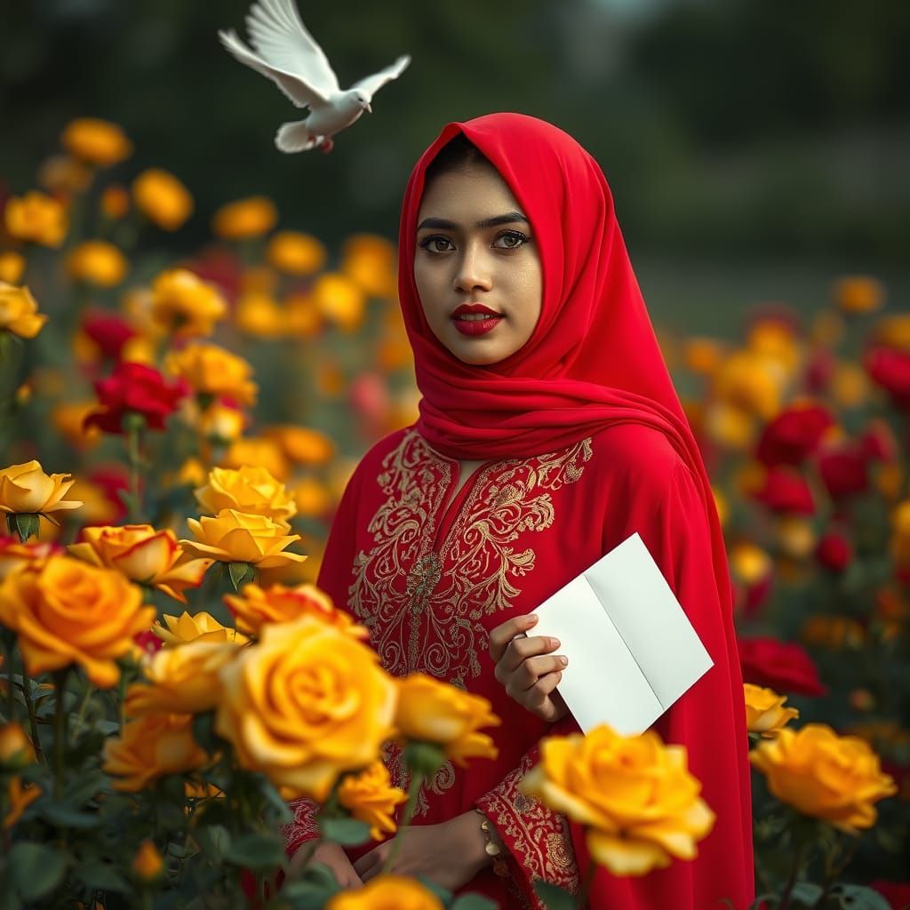 Iranian Woman in Red Abaya with Roses