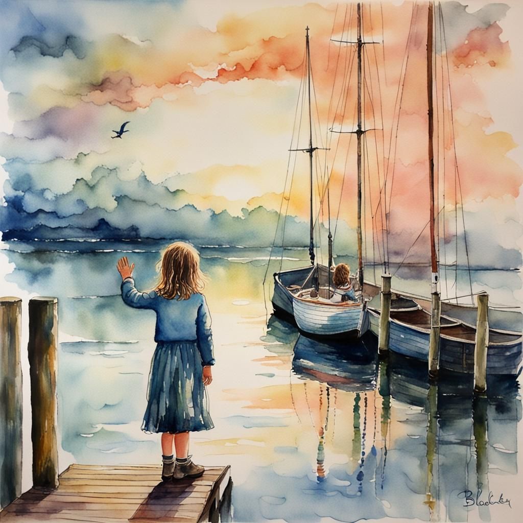 Girl Waving from Wharf at Dawn in Watercolour
