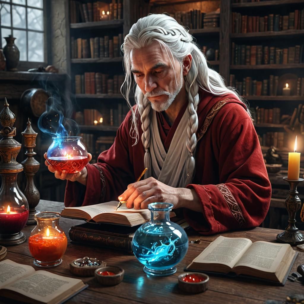 Epic Fantasy Mage Creating a Magic Potion