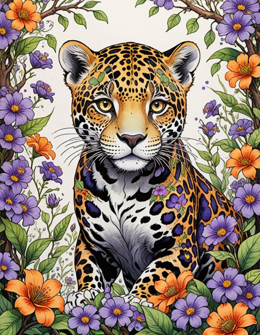 Cute Jaguar in Flowers Watercolor Coloring Book