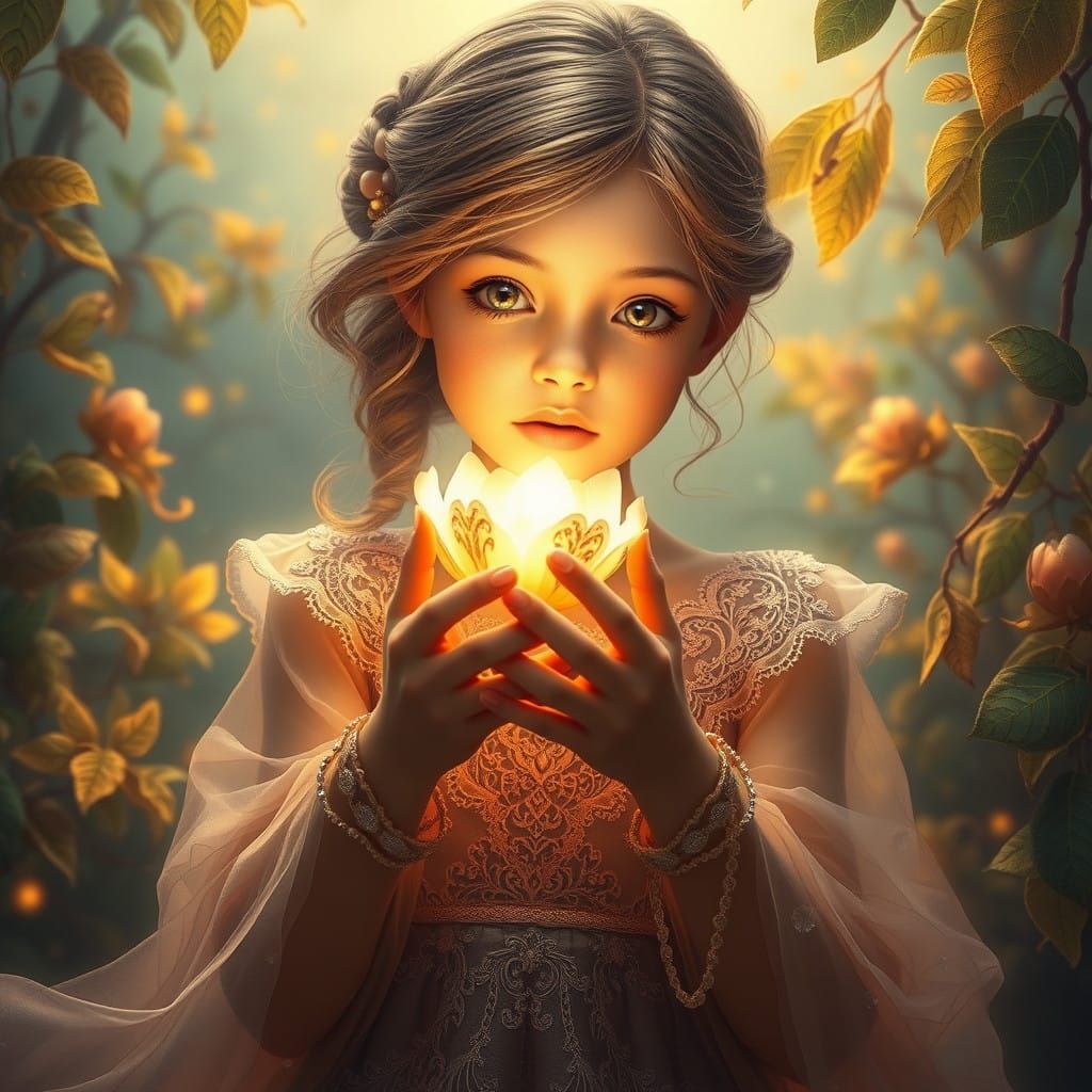 Girl with Glowing Bloom in Whimsical, Magical Landscapes