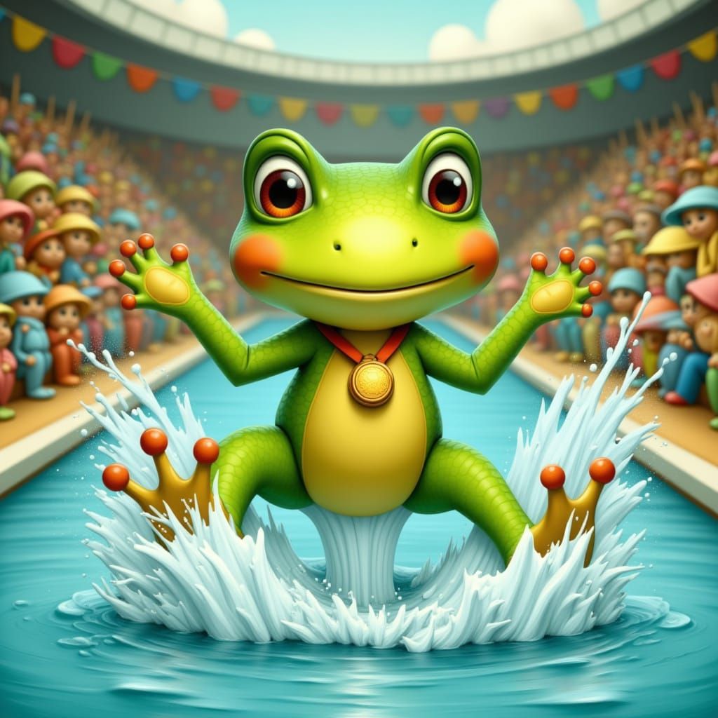 Lily the Frog's Olympic Dive in Illustrative Style