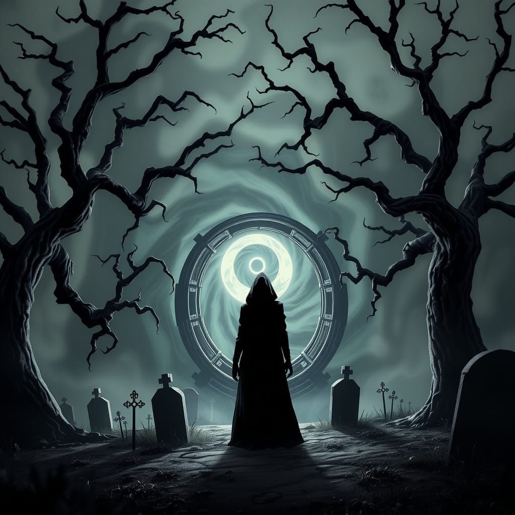Ethereal Graveyard Portal in Tim Burton Style