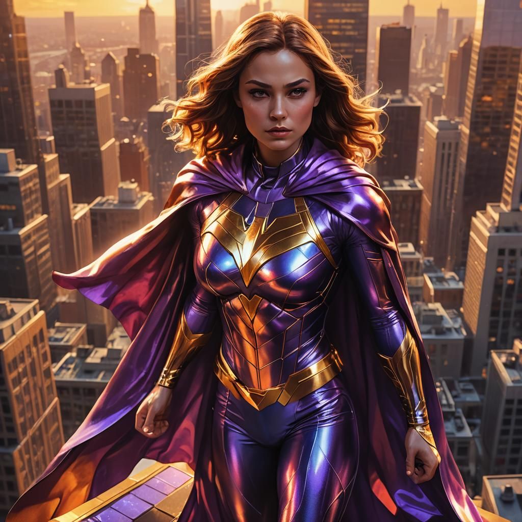Heroic Superheroine on Skyscraper Rooftop at Sunset