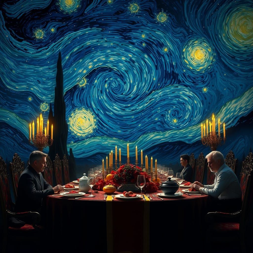 Eerie, Starry Night Dinner Scene in Dark, Ominous Tone