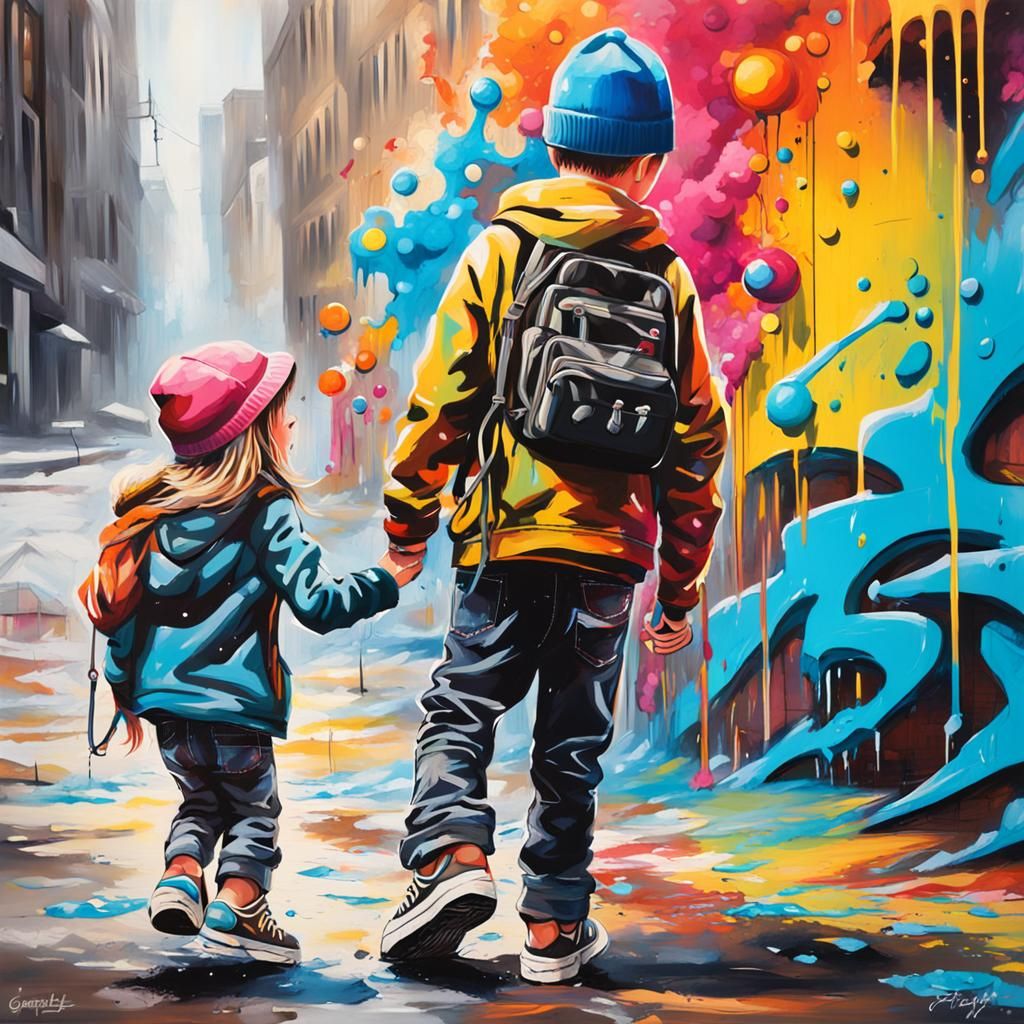 Brother and Sister Adventure in Graffiti Splash Art
