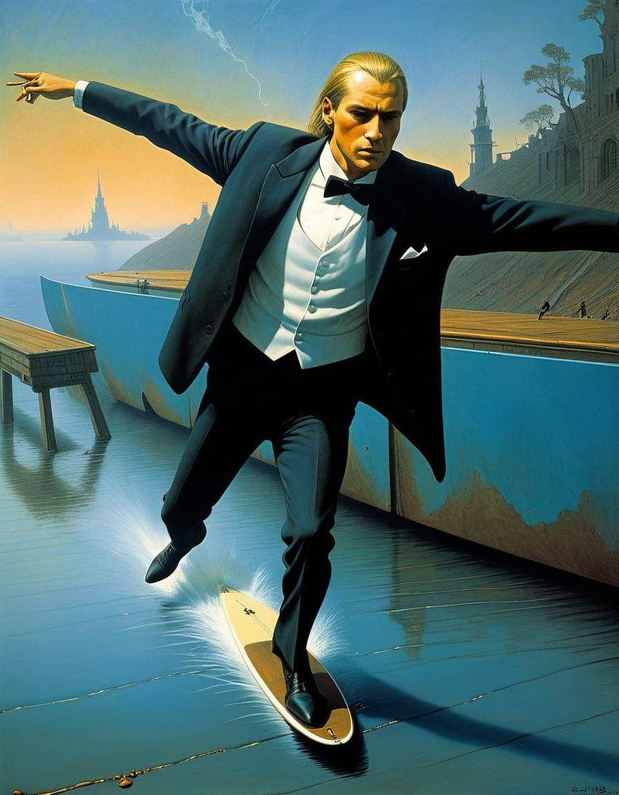Man in Futuristic Tuxedo Flying on Surfboard