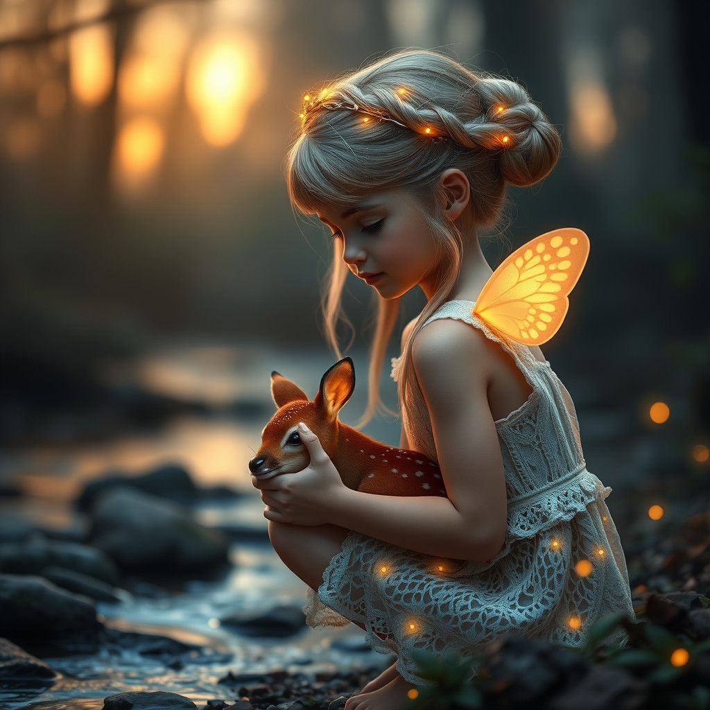 Enchanted Woodland Girl with Deer in Golden Light