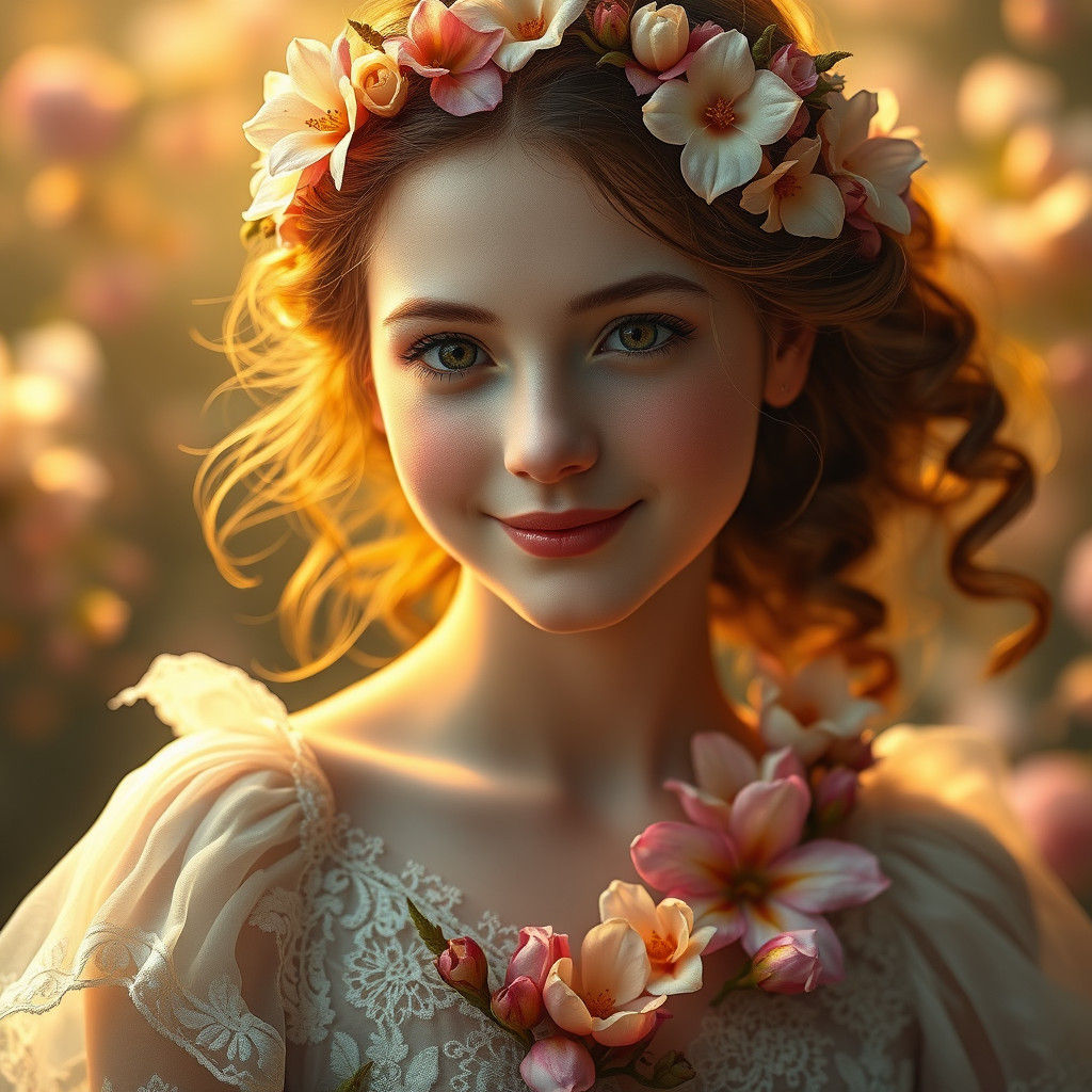 Ethereal Flower Girl Portrait in Symbolist Style