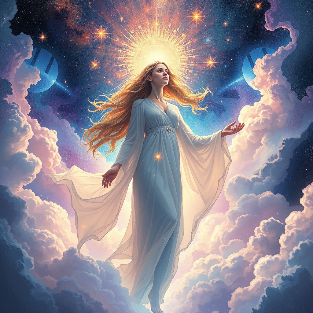 Cosmic Ascension: Ethereal Woman in a Luminous Astral Illust...