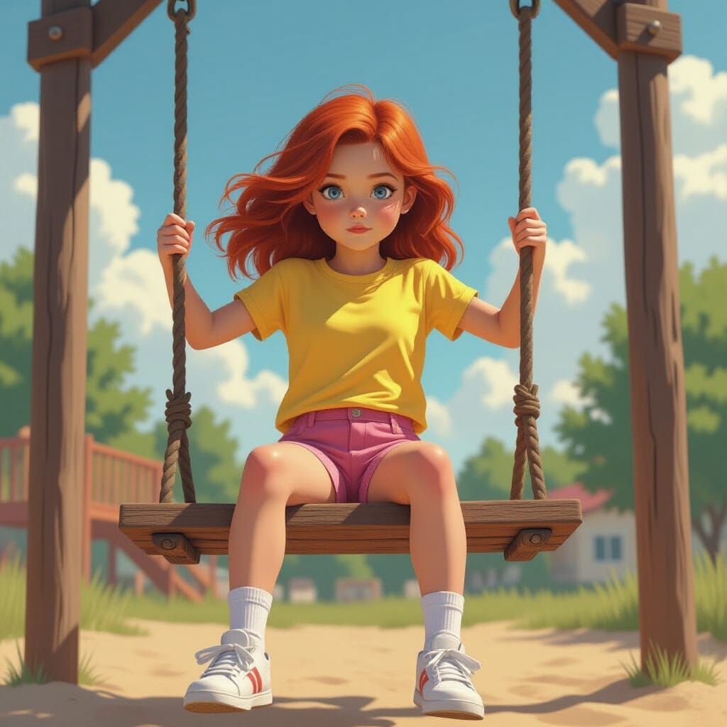 Red-Haired Girl on Swingset: Stalenhag Style