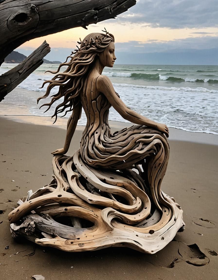 Stunning Driftwood Mermaid Sculpture on a Beach