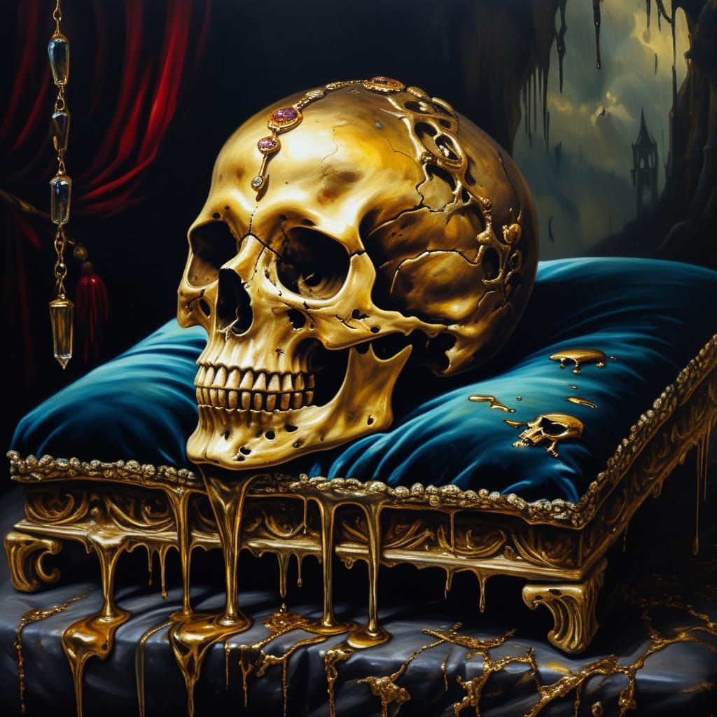 Surrealism oil painting. Close up. A skull rests on a velvet...