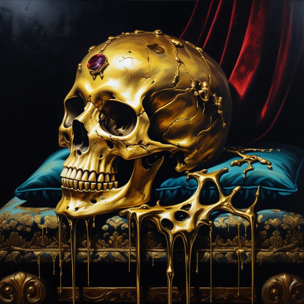 Surrealism oil painting. Close up. A skull rests on a velvet...