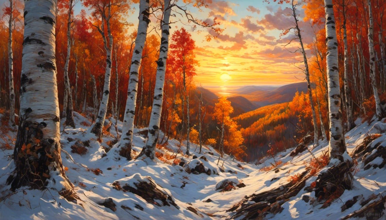 Sunset Valley Through Birch Trees, Fantasy Style