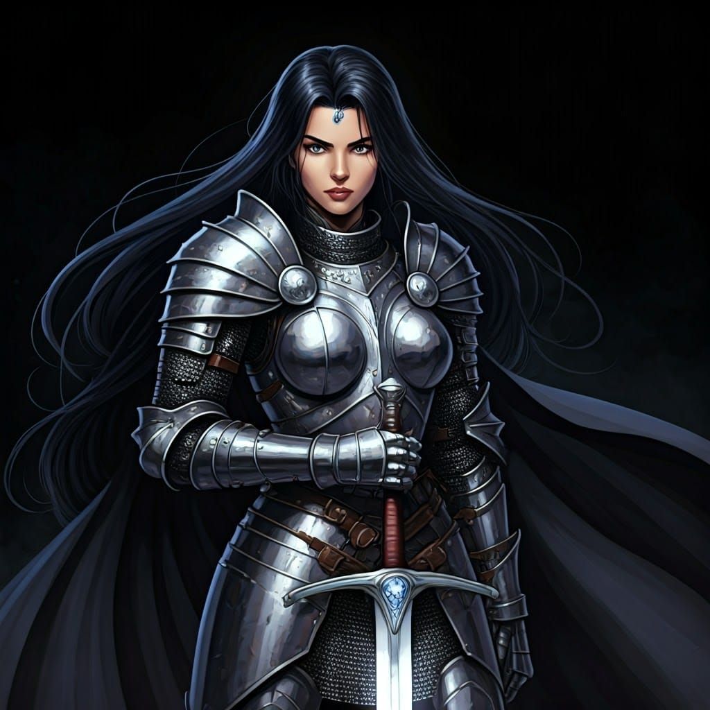 Cartoon D&D character Morwin Nerdbane Raven haired silver armoured female human warrior about 22 years old appearing "Am...