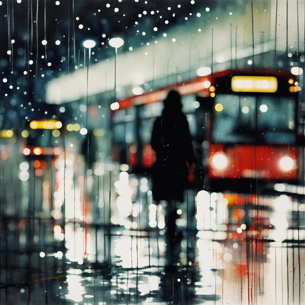 Rainy Night Bus Station Lights