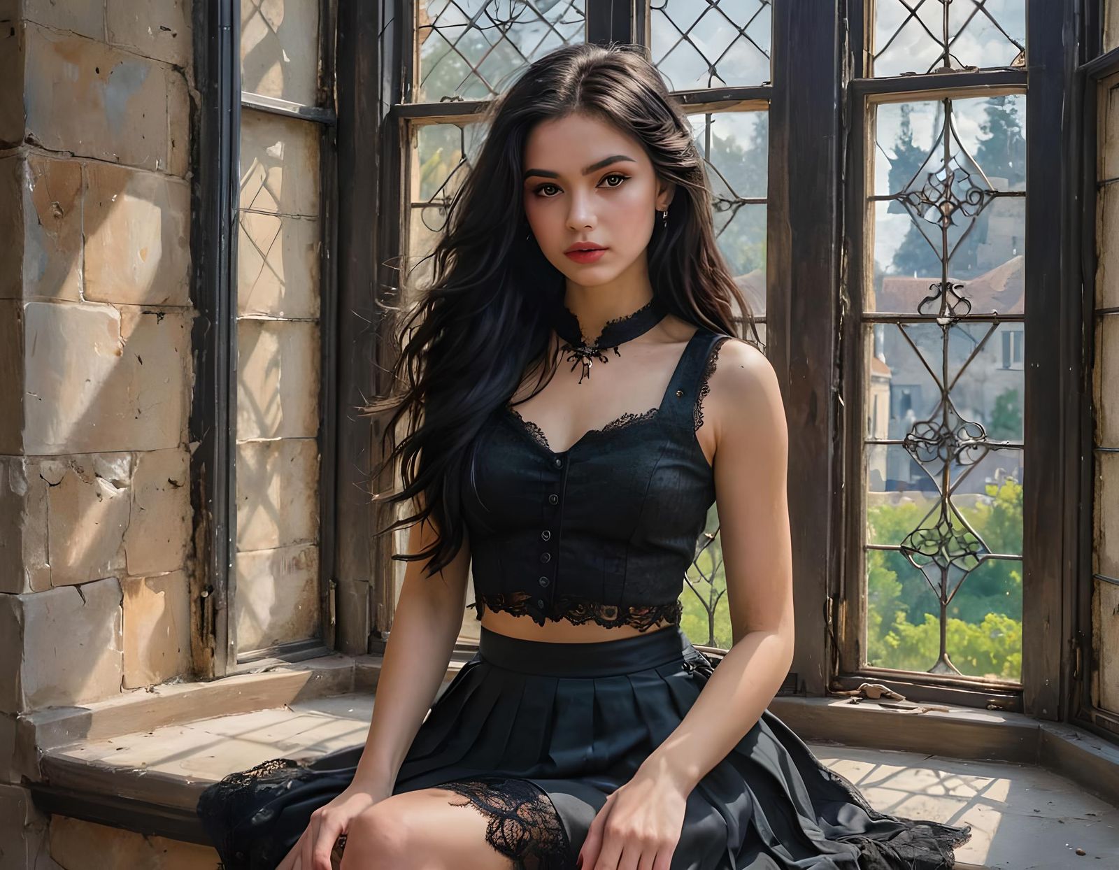 Portrait of Girl in Gothic Tower, Photorealistic Style