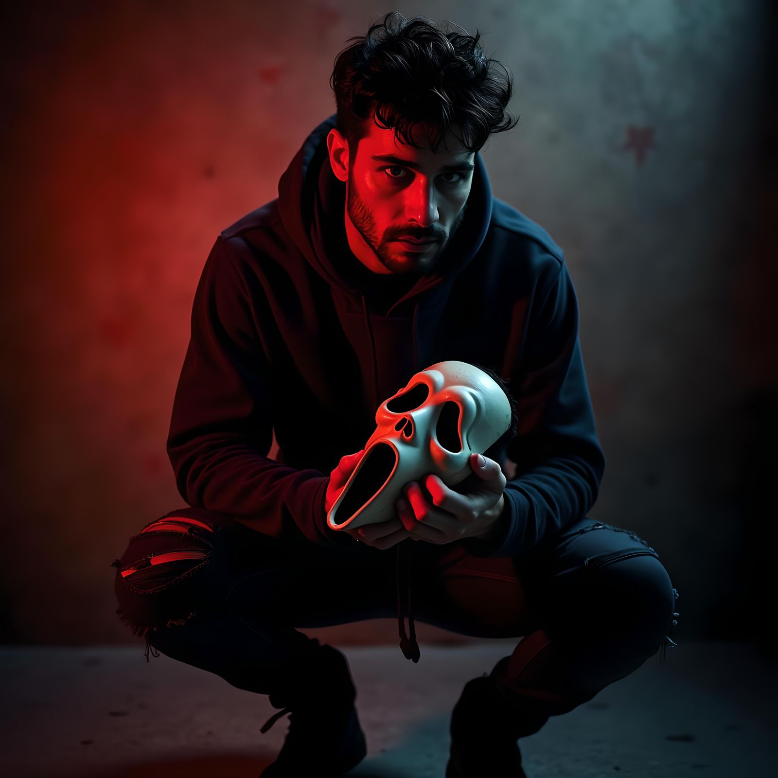 Cinematic Film Still: Man Holding Ghostface Mask