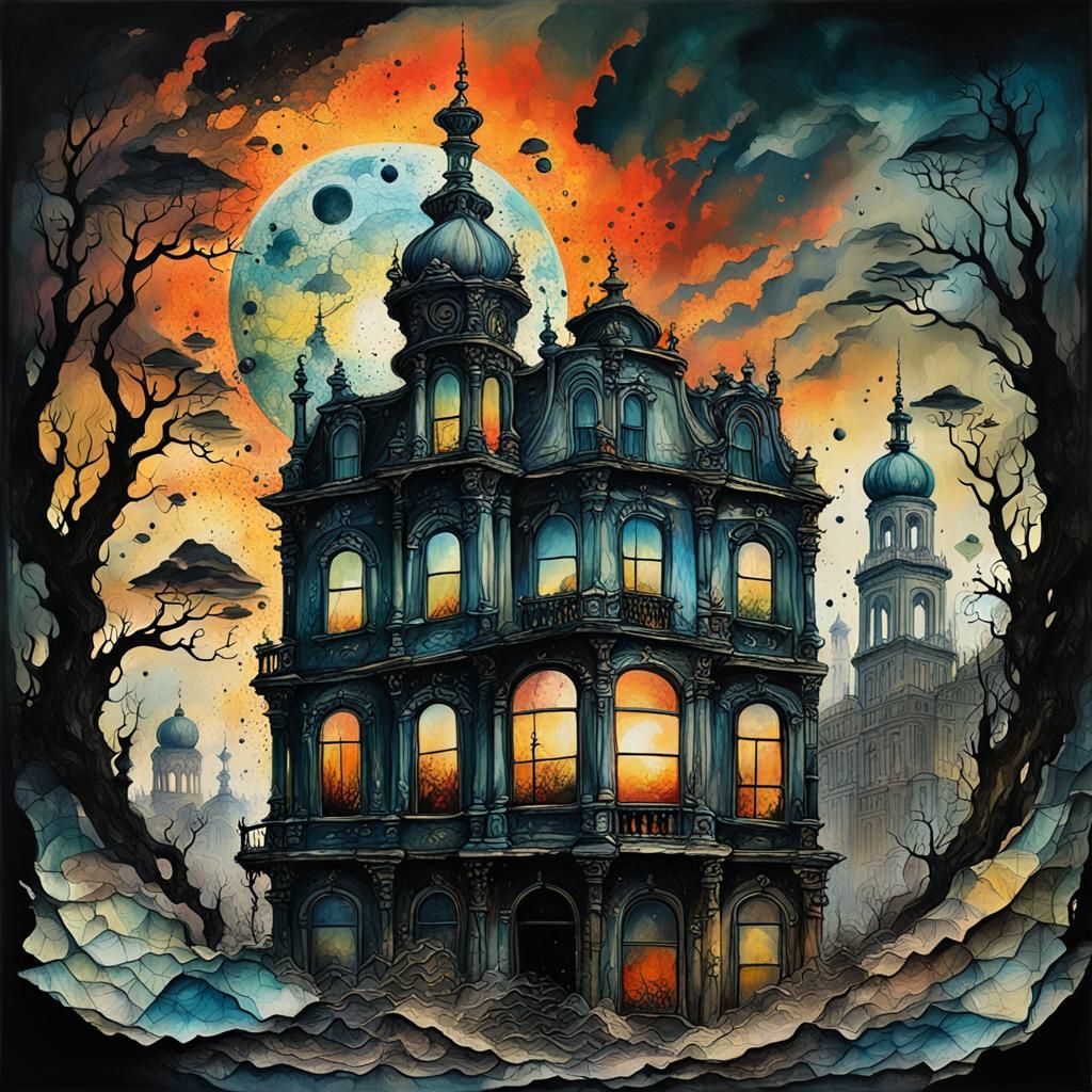 Surreal Sunset Over Dystopian Ruins in Rococo Style
