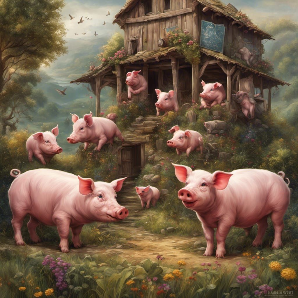 Happy Piglets Selling at the Farm, Detailed Painting