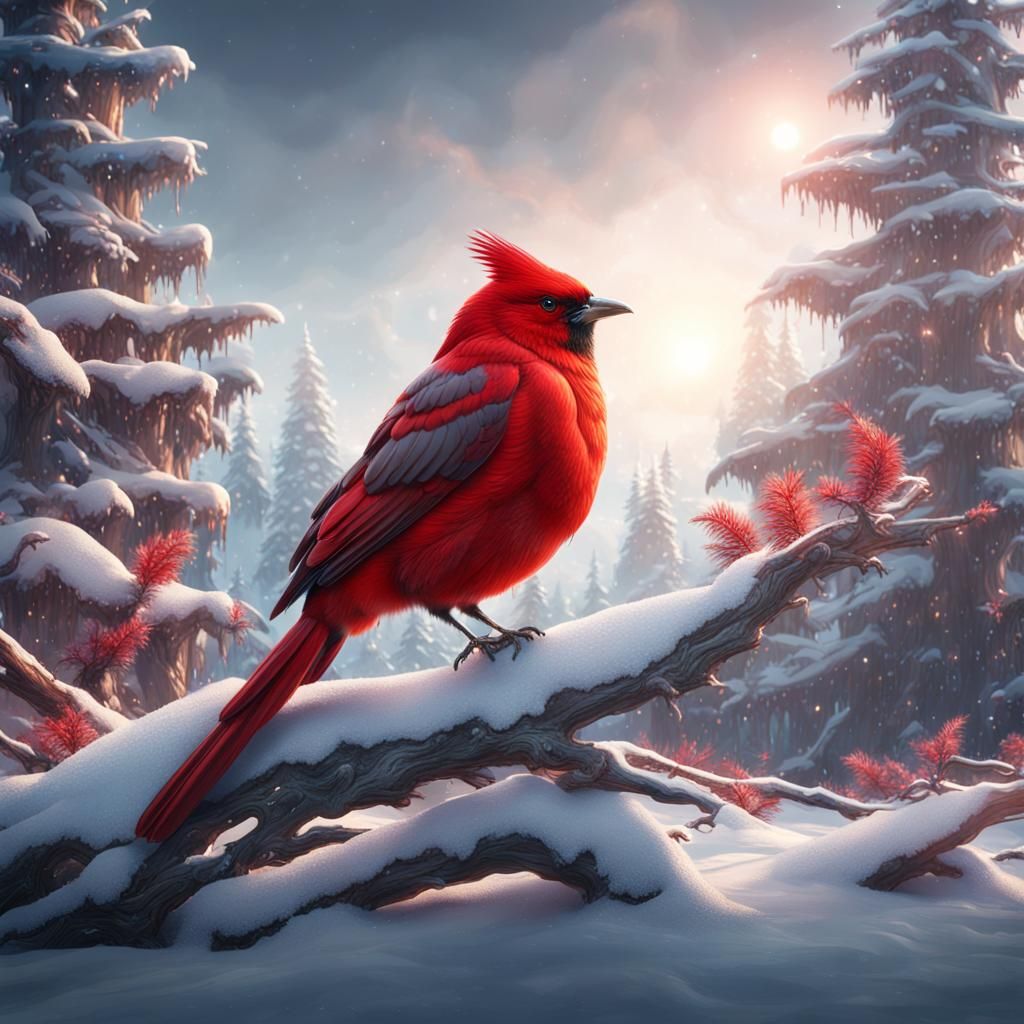 Red Bird on Snowy Fir: Detailed Matte Painting