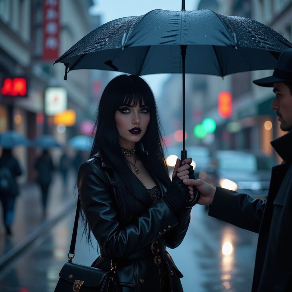 Goth Woman Offers Umbrella on Rainy Street