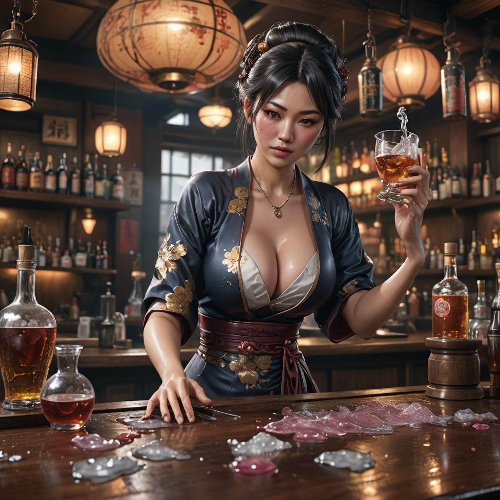 Japanese Woman Cleaning Bar in Detailed Matte Painting