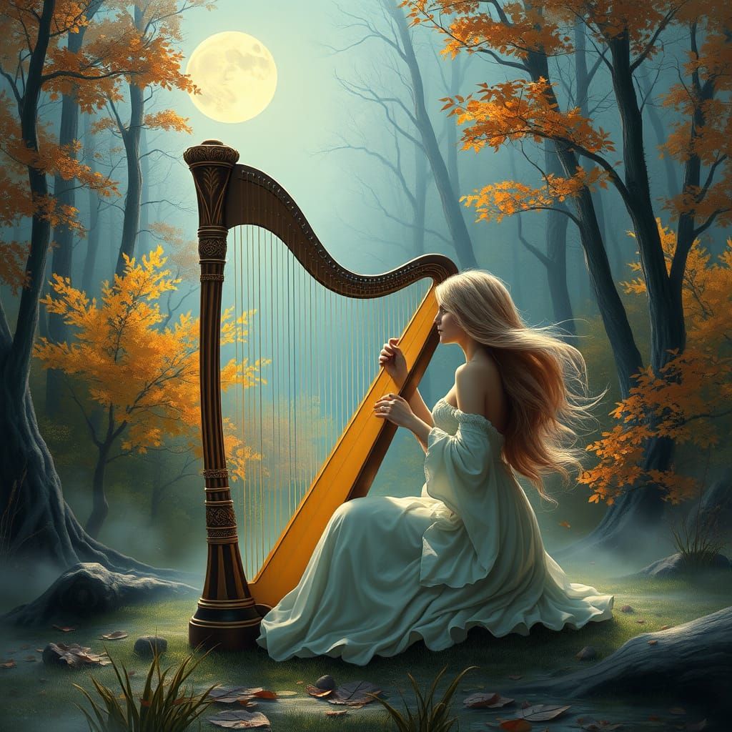 Autumn Harpist in Moonlit Forest