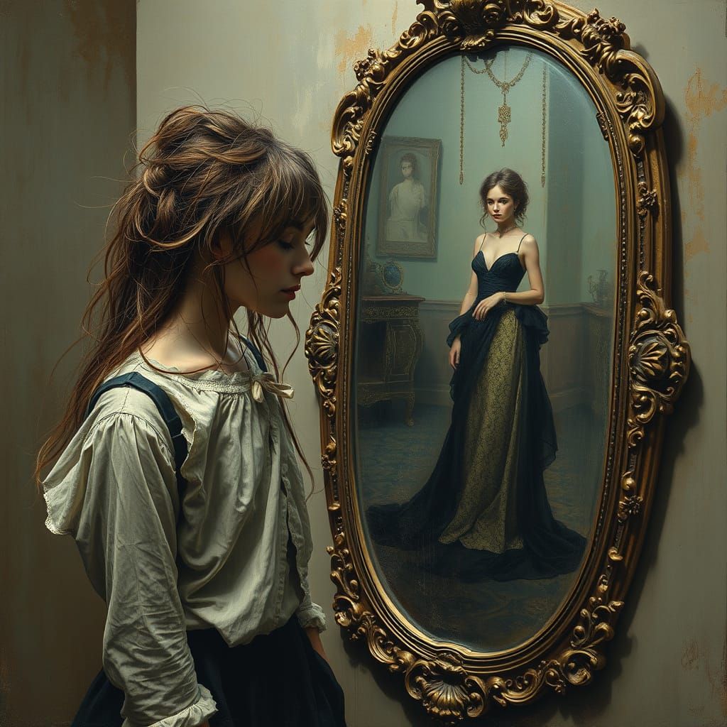 Disheveled Woman Longs for Elegance in a Dusty Mirror