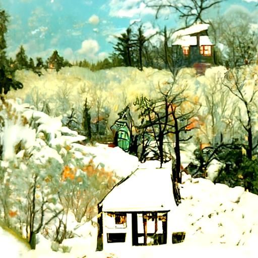 Snowy Cottage in Sunny Forest: Luminist Painting