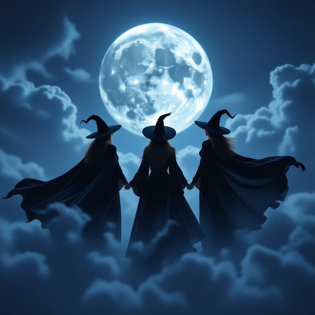 Oriental Witches Flying Under the Moon