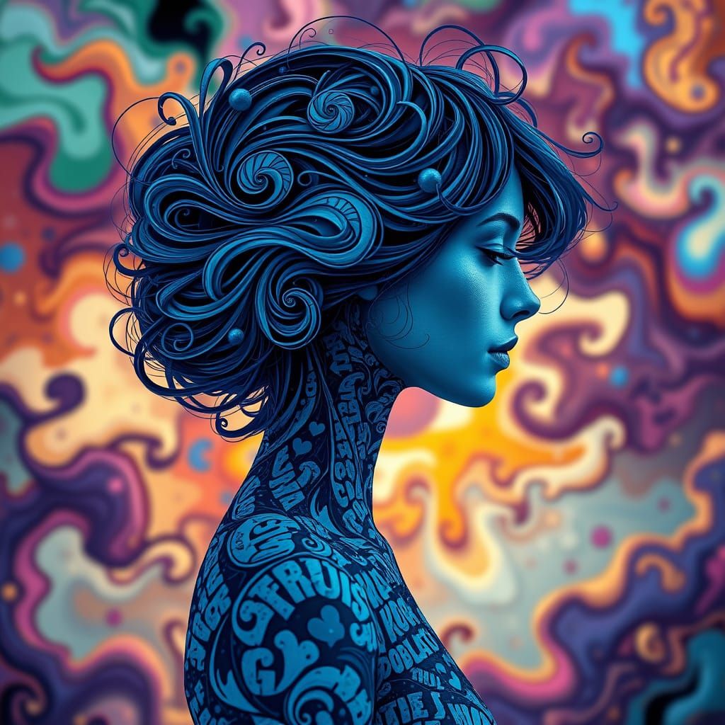 Surreal Woman in Delftware Blue with Dreamlike Background