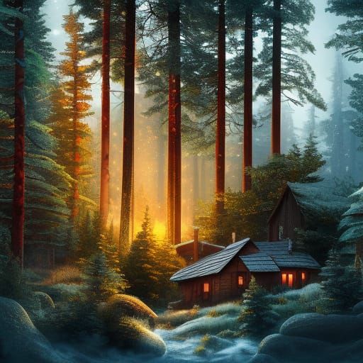 Warm Cabin in Dark Pine Forest: Fantasy Concept Art