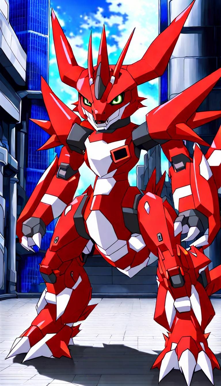Mechanical Guilmon Digimon with Red Dinosaur Appearance