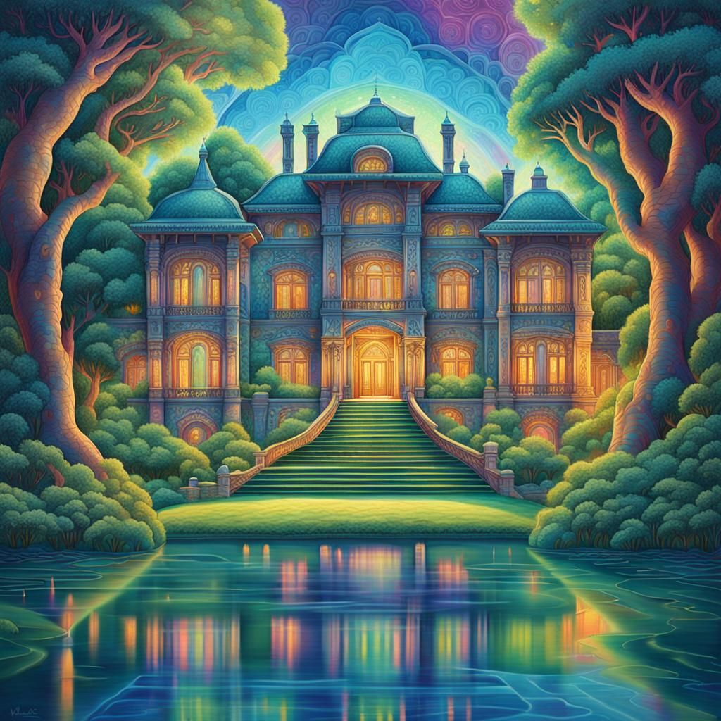 Astral Stone Mansion by Lake in Surreal Landscape