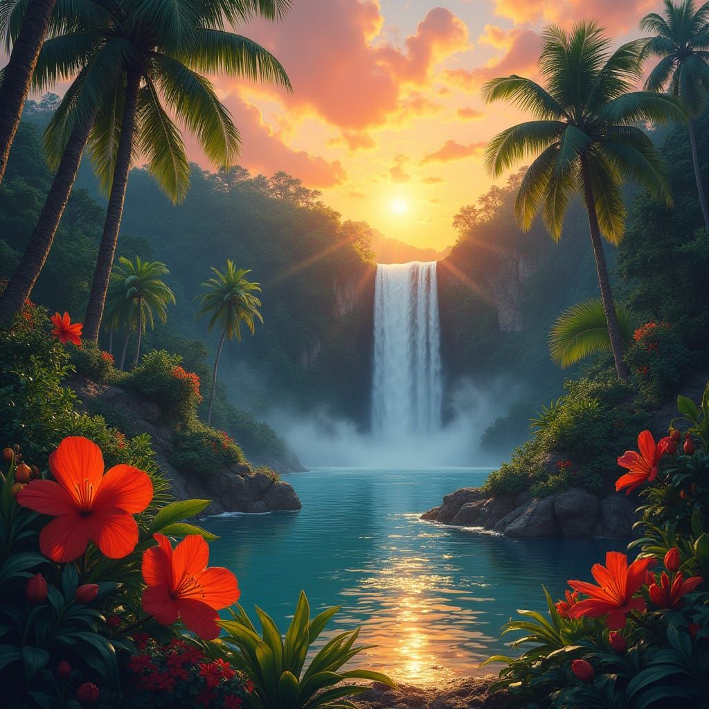 Vibrant Tropical Jungle Waterfall at Dramatic Sunset