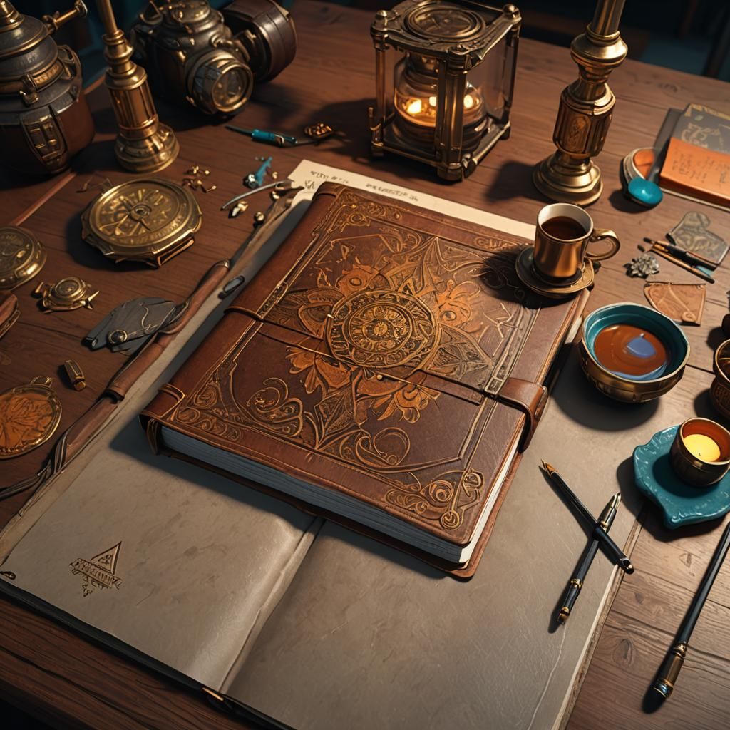 Leather Journal on Table: Hyperdetailed Concept Art
