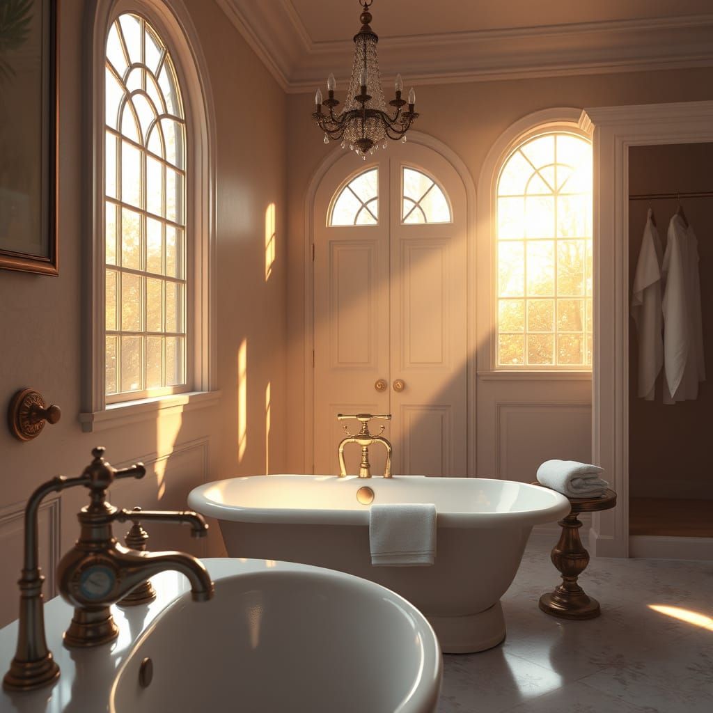Serenic Spa Bathroom in Golden Light with Ornate Fixtures an...