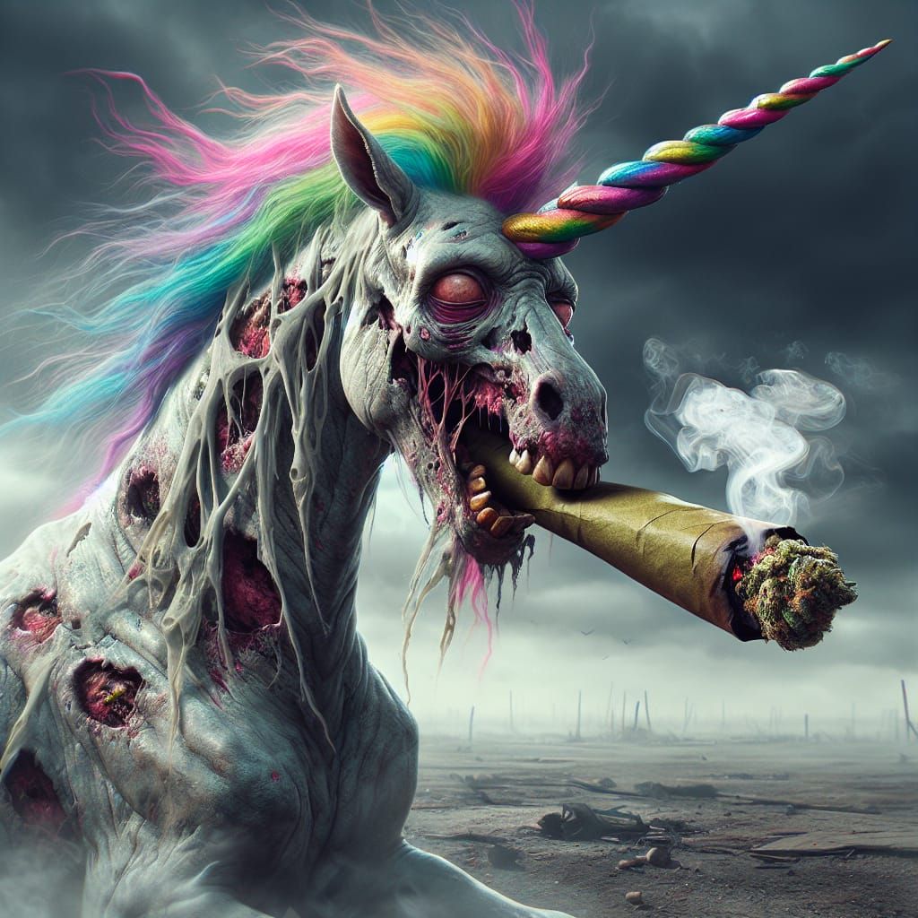 Zombie Unicorn Smoking a Blunt in Apocalypse