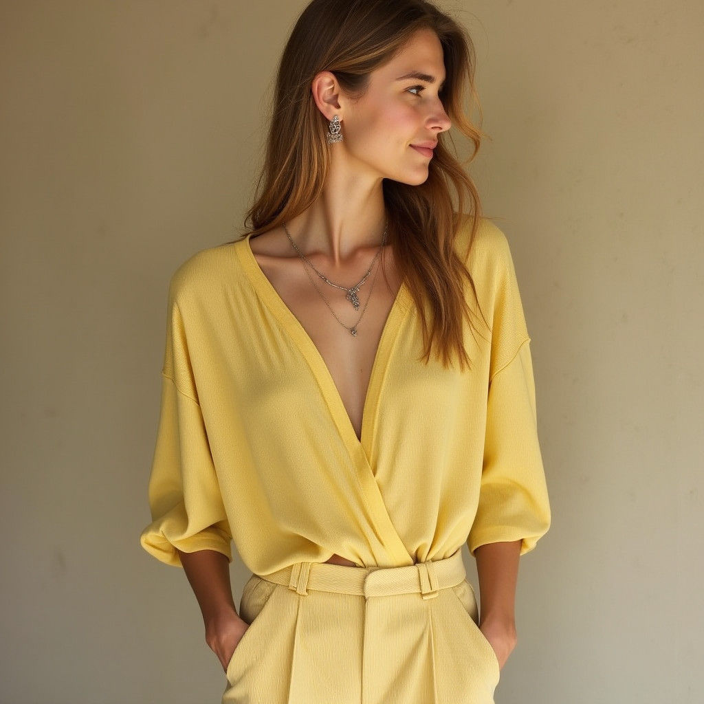 Elegant Woman in Knit Blouse with Pearl Necklace