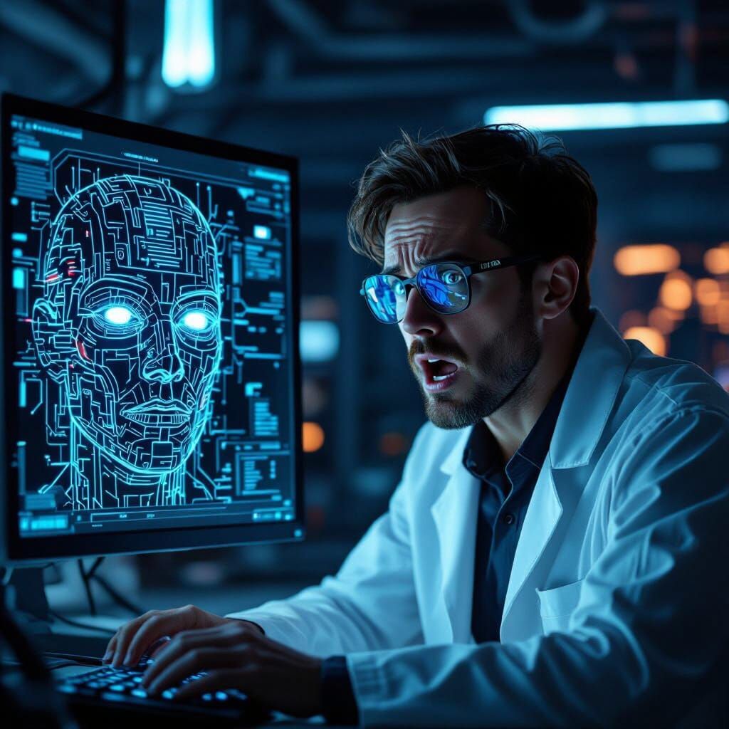 Terrified Scientist Confronts AI in Cyberpunk Lab