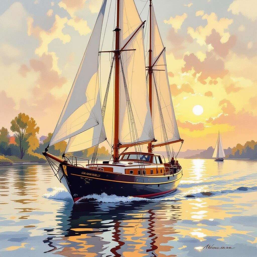 Elegant Yacht Sailing on River in Impressionist Watercolor